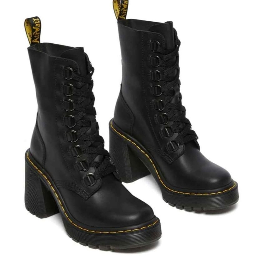 Dr. Martens Black Lace-Up Platform Heel Boots with Yellow Stitching